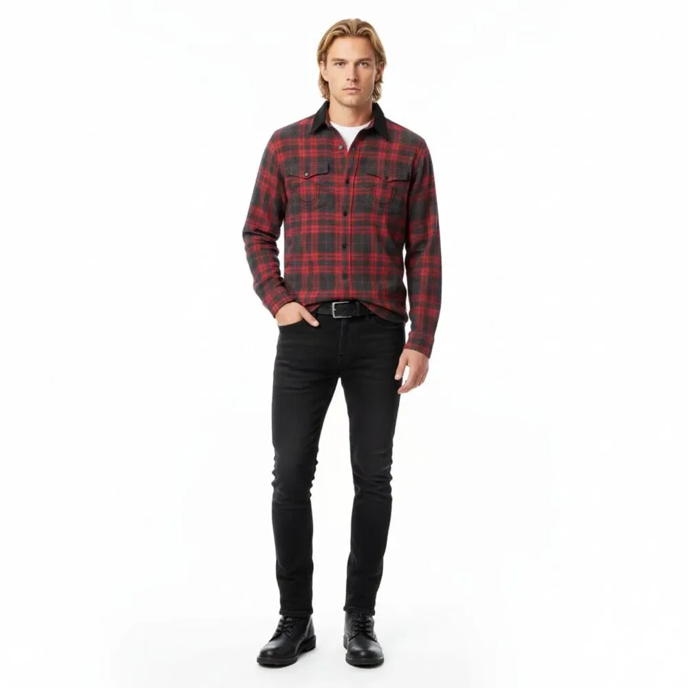 True Religion Grey & Red Western Plaid Gingham Long Sleeve Button Up Shirt XL